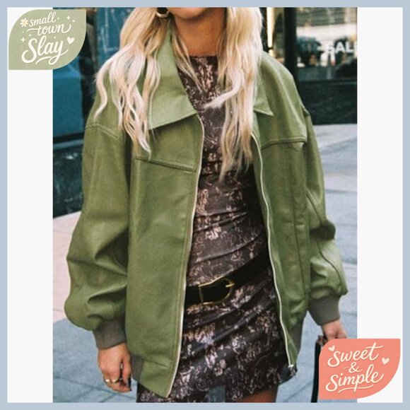 Oversized Faux Leather Bomber Jacket Long Sleeve Motorcycle Style - Picture 3 of 7